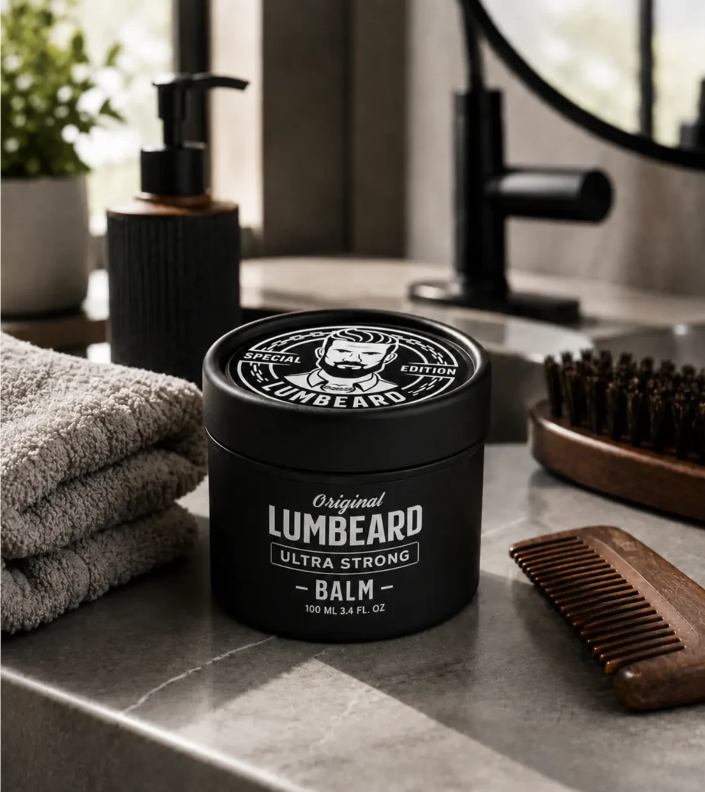 LUMBEARD Ultra Strong Beard Balm with a wooden comb, beard brush and towels on a bathroom countertop