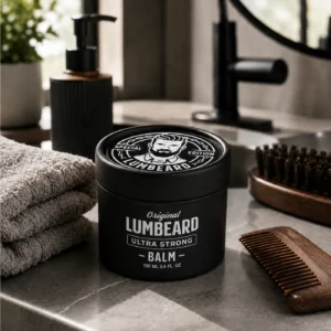 LUMBEARD Ultra Strong Beard Balm with a wooden comb, beard brush and towels on a bathroom countertop