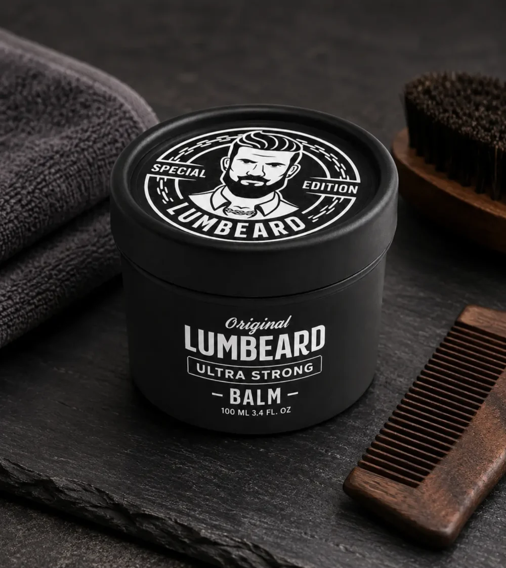 LUMBEARD Ultra Strong Balm with a wooden beard comb, beard brush and folded grooming towel