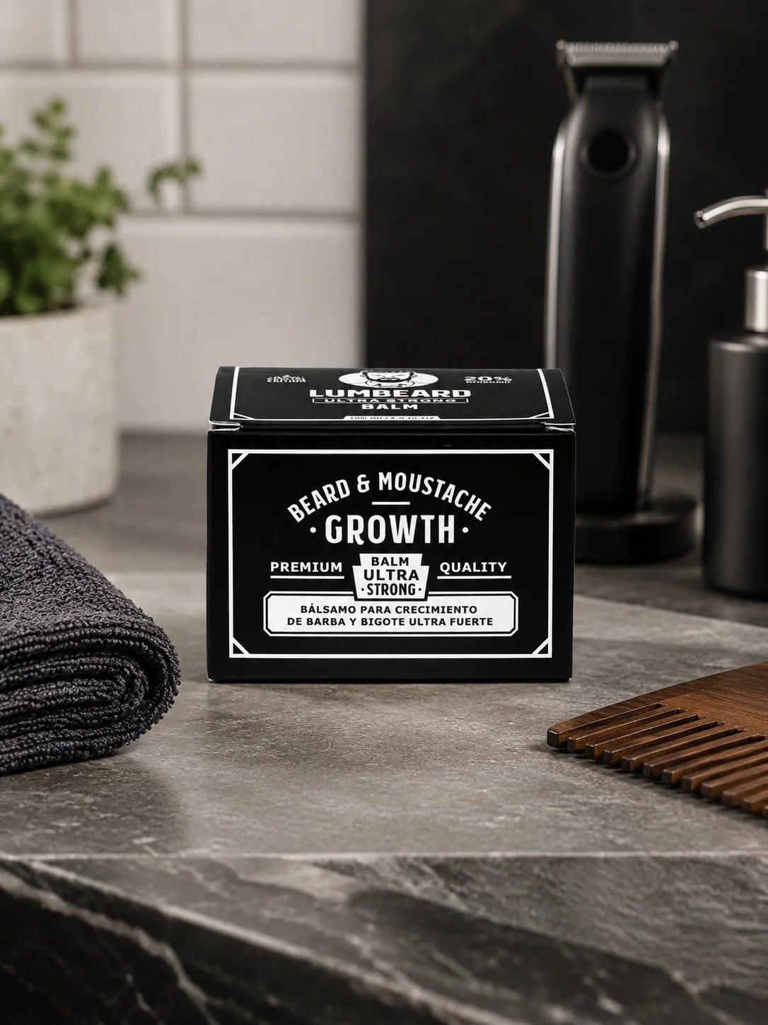 LUMBEARD Ultra Strong beard and mustache growth balm displayed with grooming accessories in a modern bathroom setting