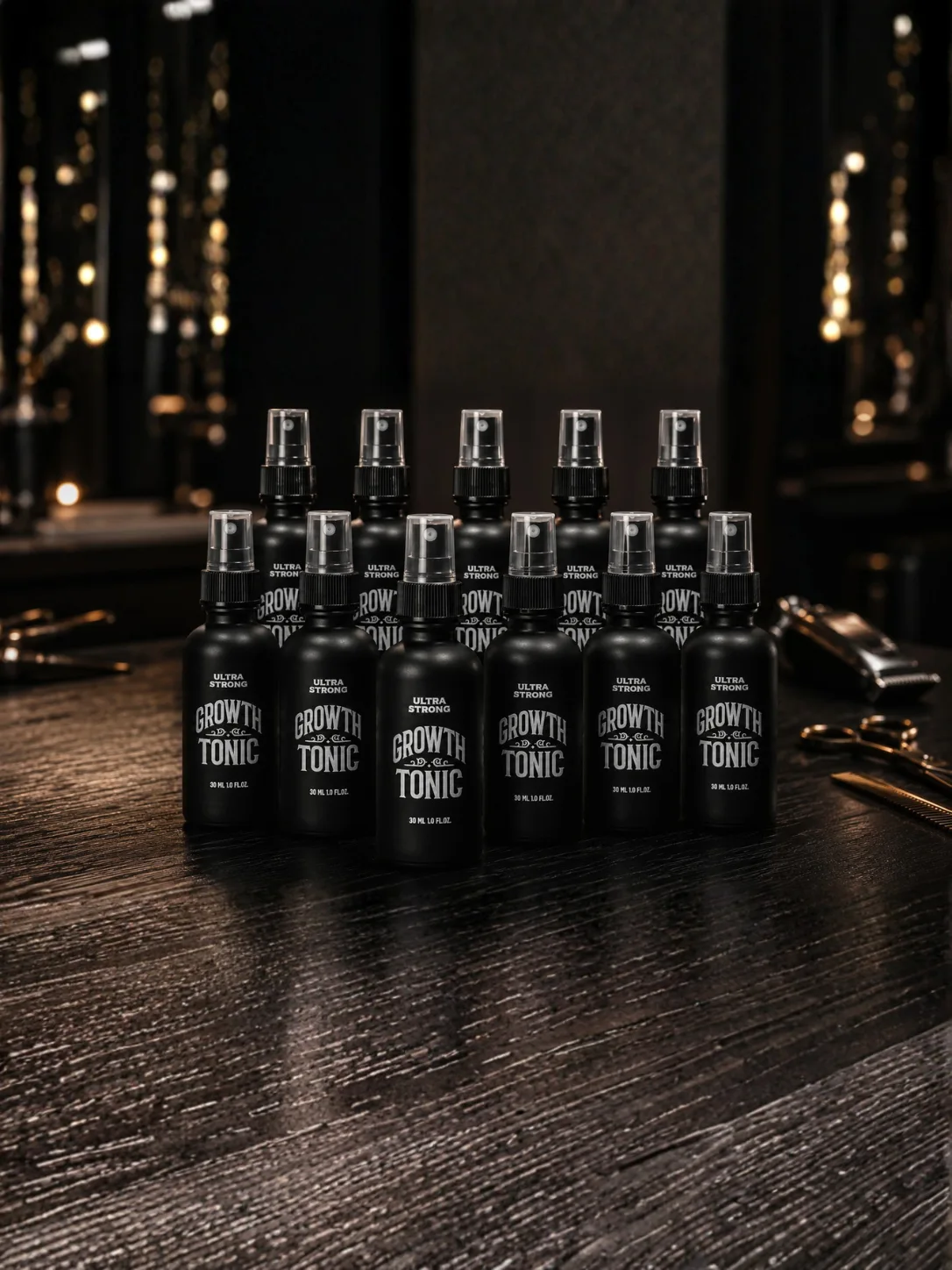 10 ULTRA STRONG Growth Tonic 30ml bottles arranged in a premium professional barbershop setting