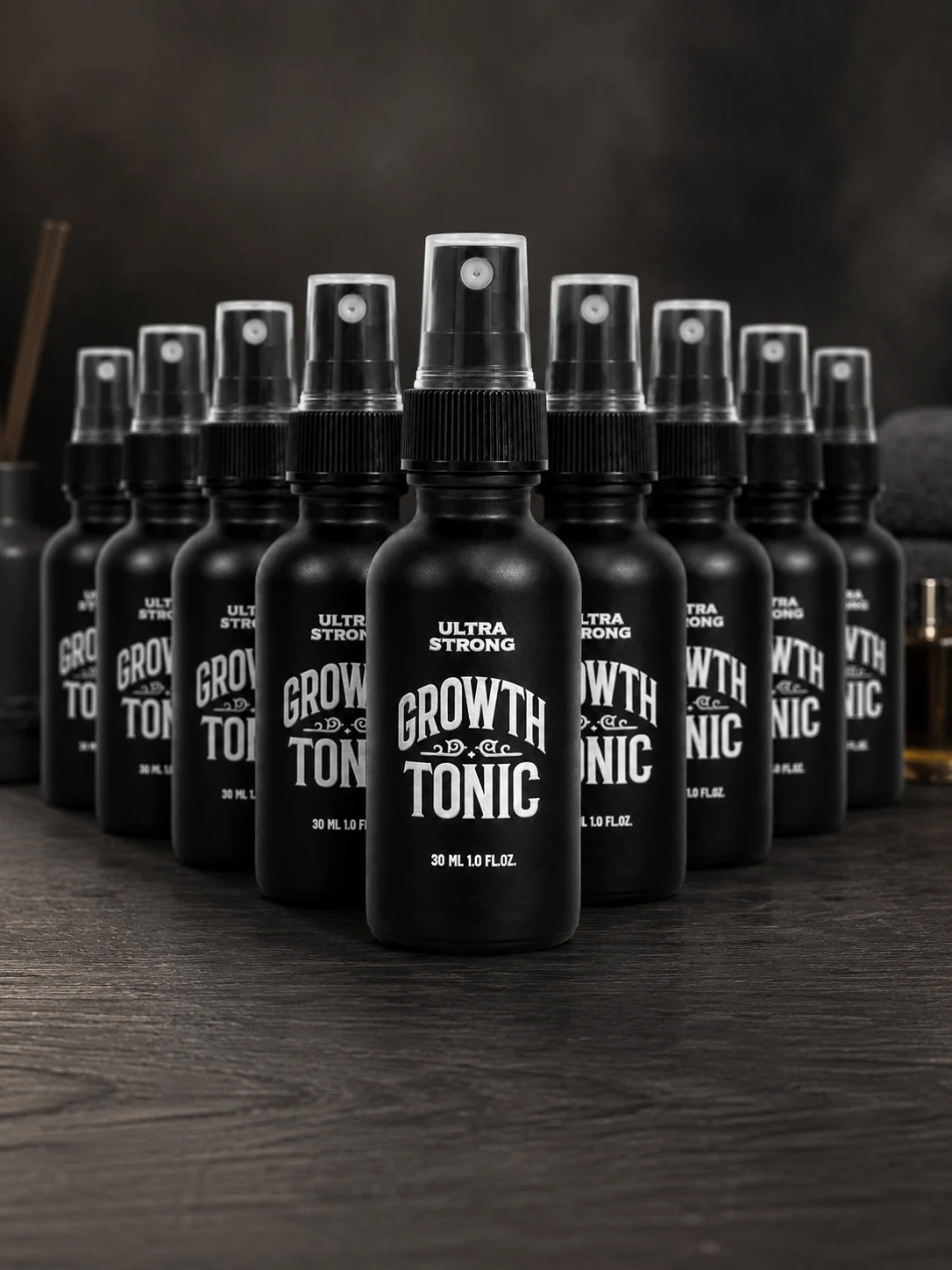 ULTRA STRONG Growth Tonic 30ml bottles displayed in a professional 10-unit product arrangement
