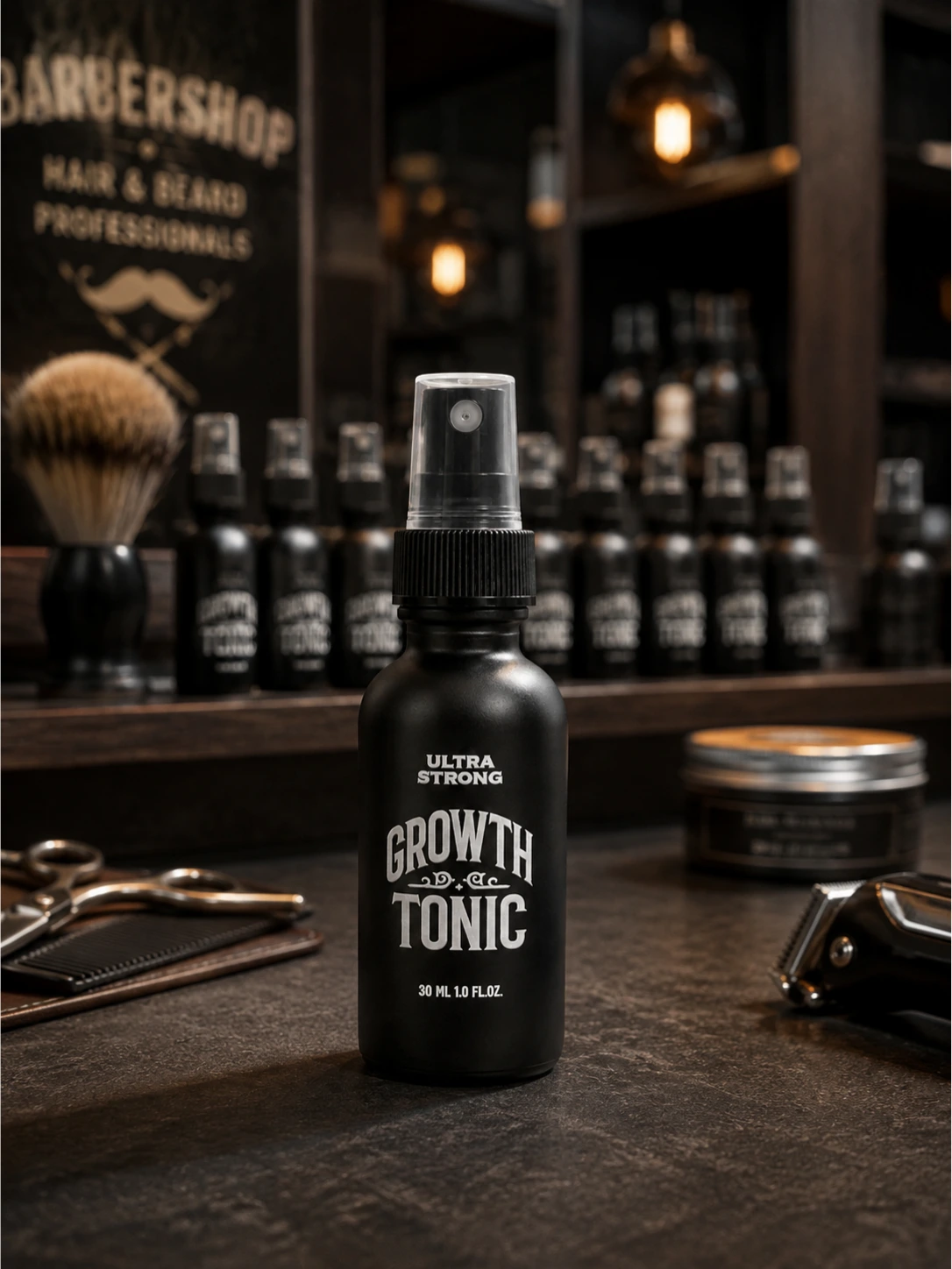 ULTRA STRONG Growth Tonic 30ml displayed in a premium barbershop with professional grooming products