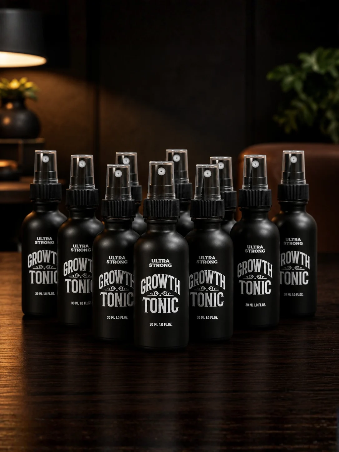 10 ULTRA FUERTE Growth Tonic 30ml bottles arranged in a premium professional barbershop setting