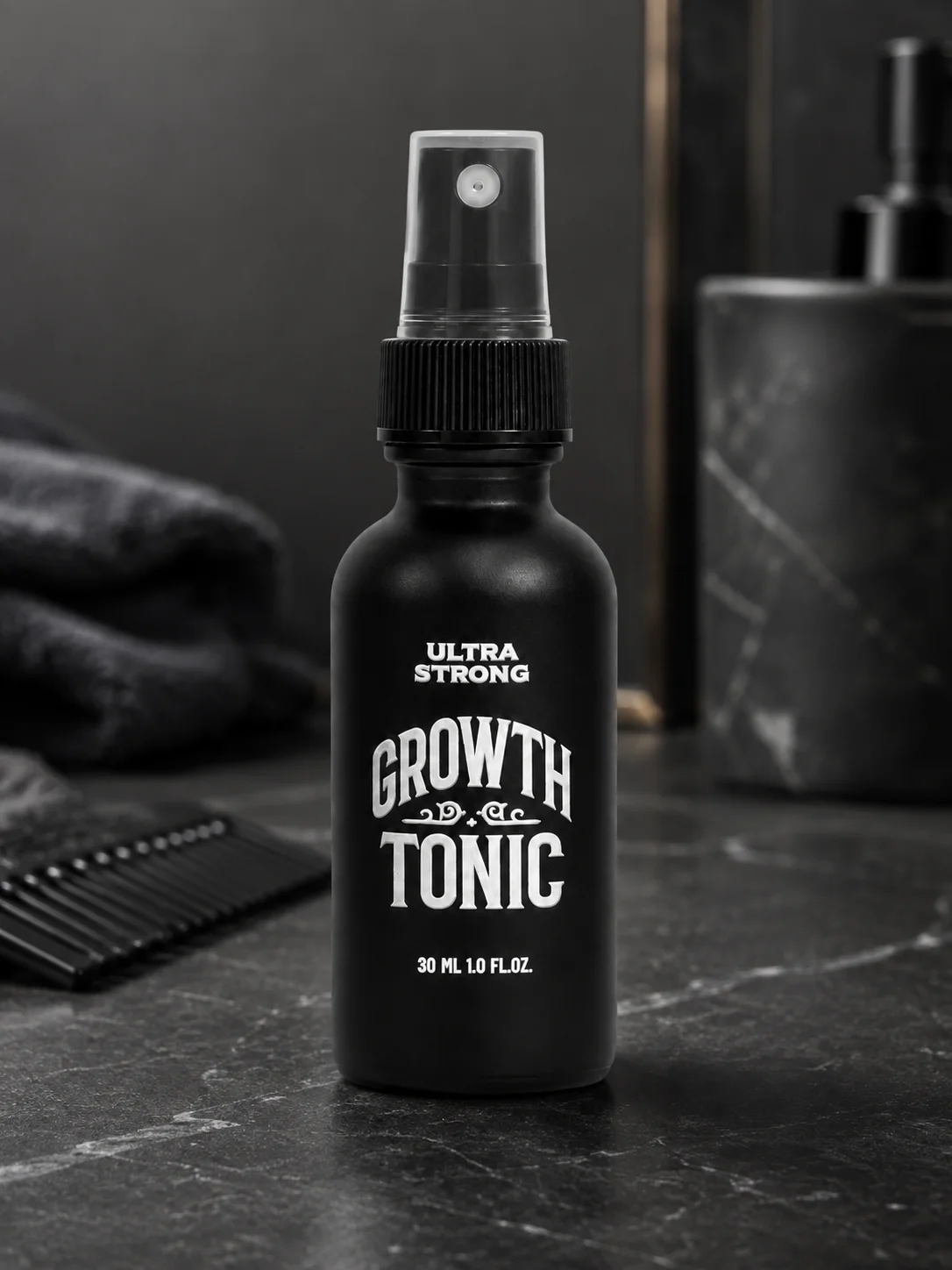 ULTRA STRONG balm and Growth Tonic products presented together for a complete beard and hair grooming routine
