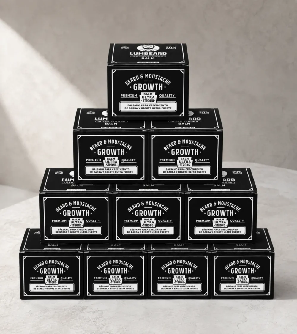 10 ULTRA STRONG beard growth balm boxes displayed in a premium light studio setting