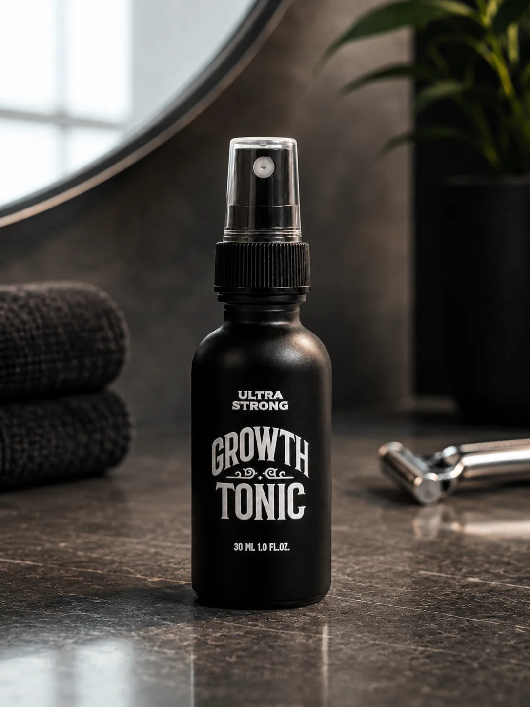 ULTRA STRONG Growth Tonic 30ml in a premium grooming environment representing consistent daily use