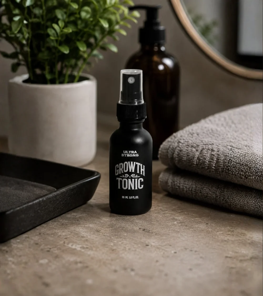 ULTRA STRONG Growth Tonic 30ml displayed in a modern bathroom for a daily hair and beard care routine