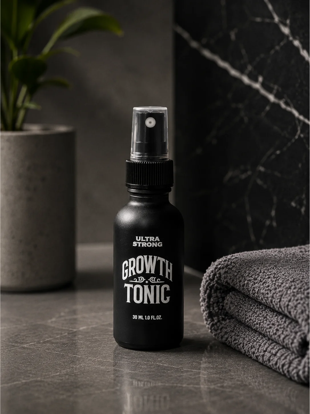 ULTRA STRONG Growth Tonic 30ml in a clean grooming setting for simple twice-daily application