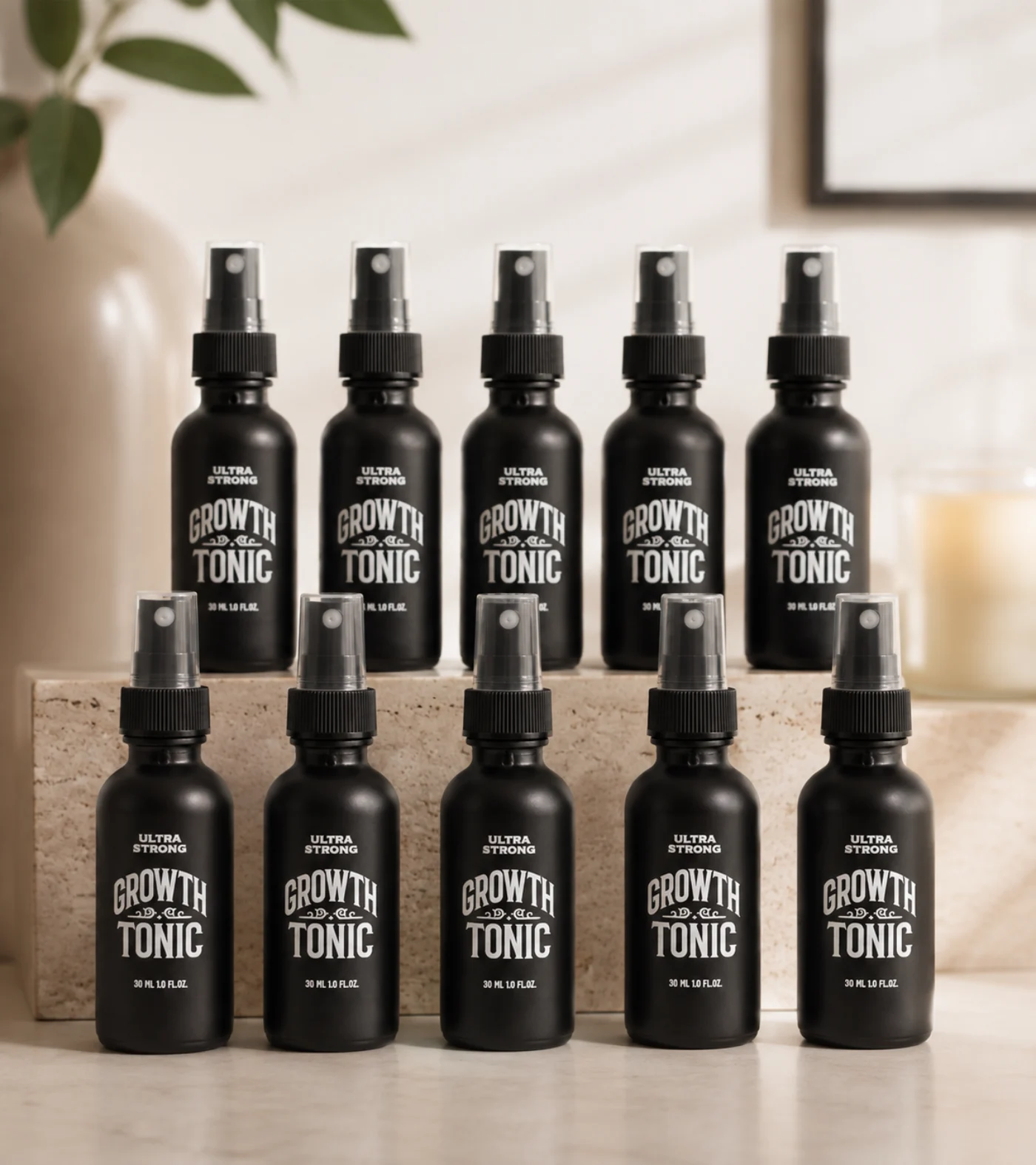 Ultra Strong Growth Tonic 30ml black spray bottle in a premium dark grooming environment
