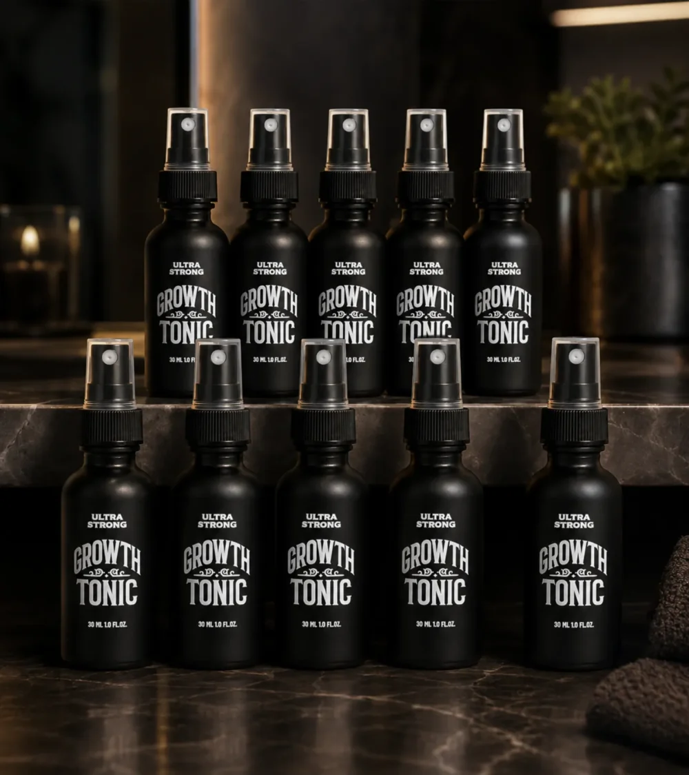 Ultra Strong Growth Tonic 30ml on a realistic bathroom countertop with grooming accessories