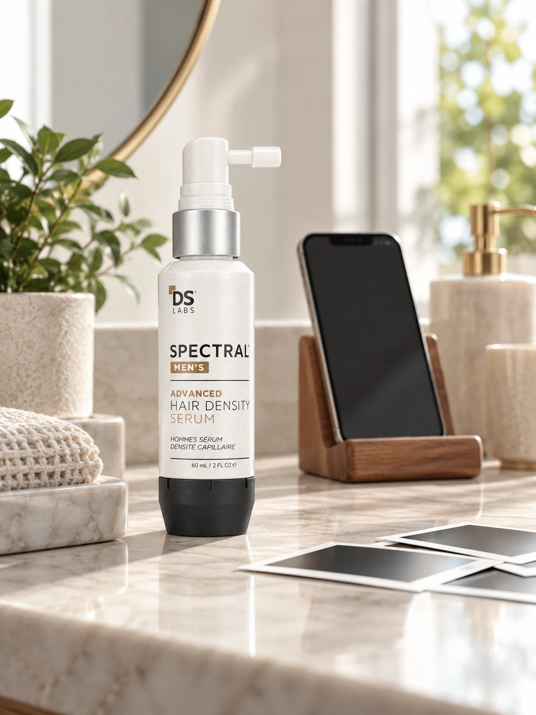 Concepto de rutina diaria avanzada de cuidado del cuero cabelludo para hombres con el serum Spectral Men's DNC-N.